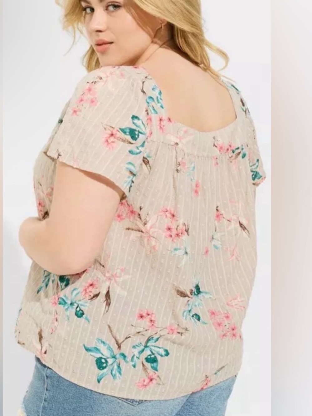 Torrid Beige Floral Square Neck Lightweight Flowy Swiss Dot Top Size 2X
